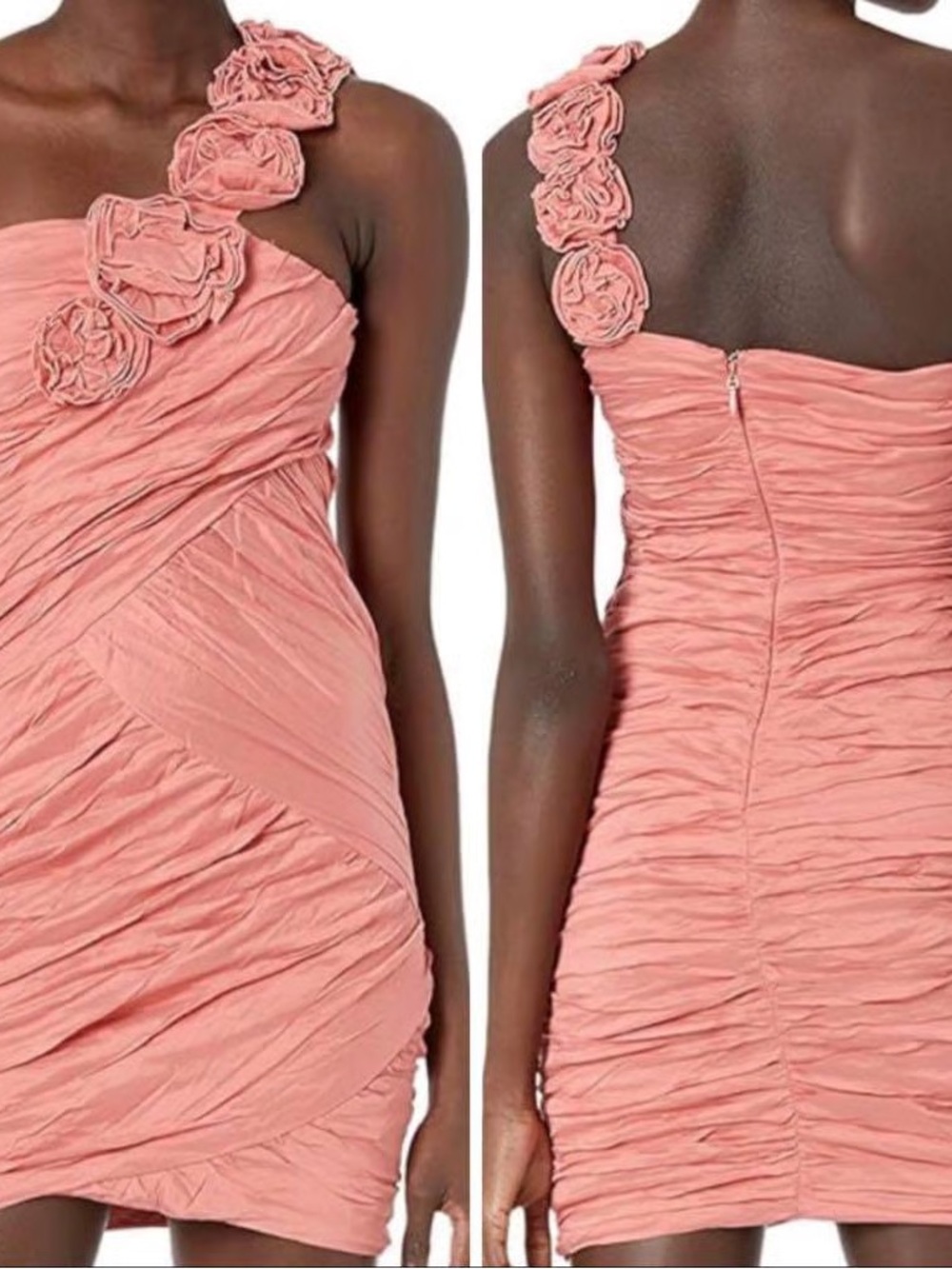 BCBGMaxAzria Coral-Pink One-Shoulder Ruched Mini Dress with Floral Strap
